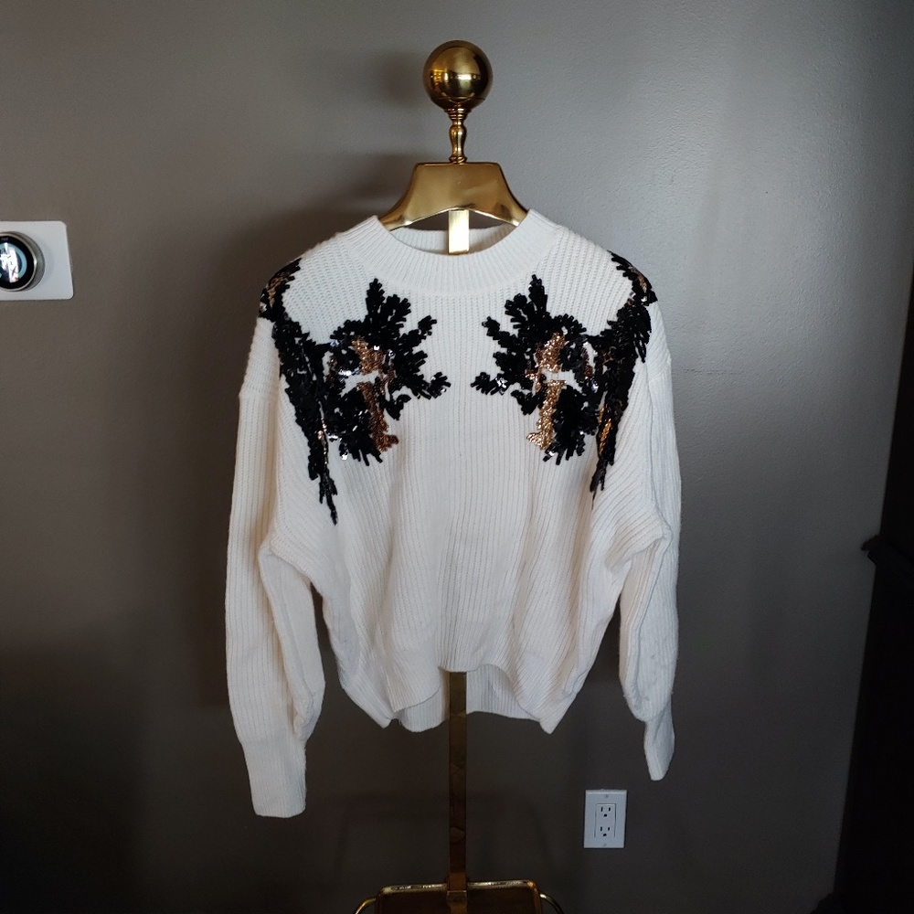 H&M White Sweater with Black and Gold Sequins